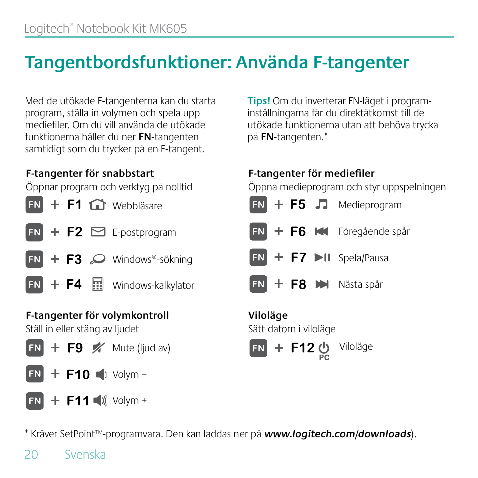 Tangentbordsfunktioner: använda f-tangenter | Logitech MK605 User Manual | Page 20 / 64