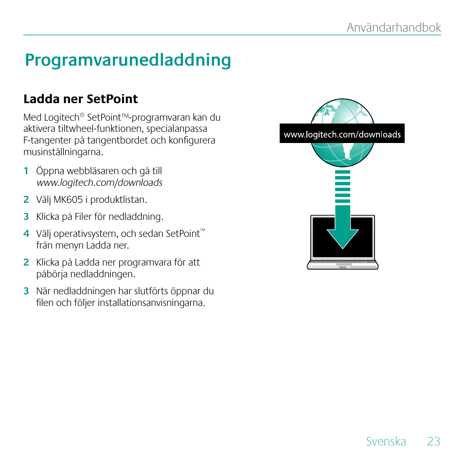 Programvarunedladdning, Svenska, 23 användarhandbok | Ladda ner setpoint | Logitech MK605 User Manual | Page 23 / 64