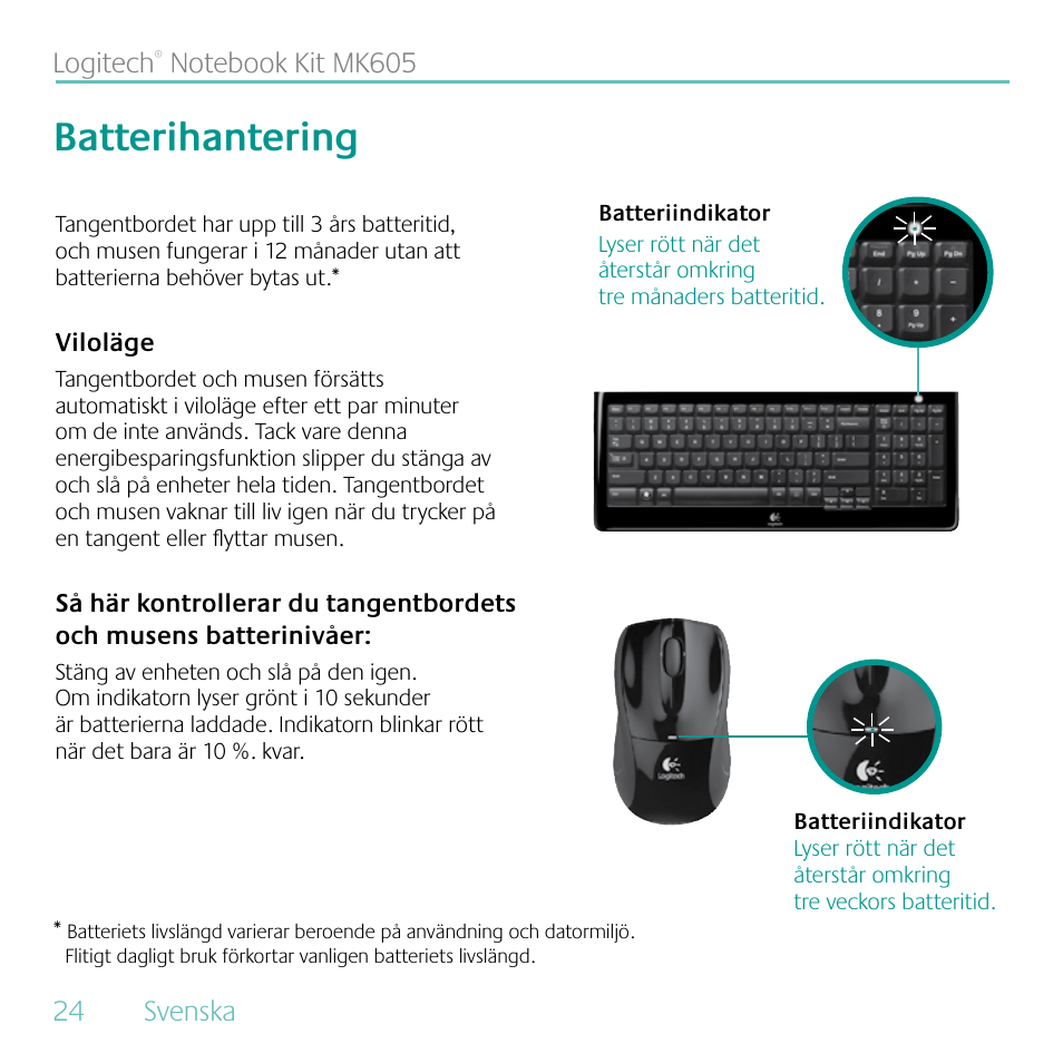 Batterihantering | Logitech MK605 User Manual | Page 24 / 64