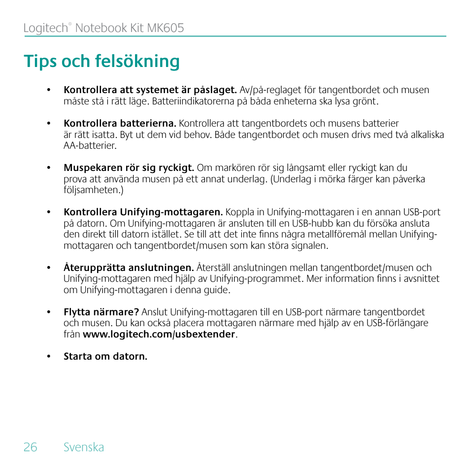 Tips och felsökning, 26 svenska logitech | Logitech MK605 User Manual | Page 26 / 64