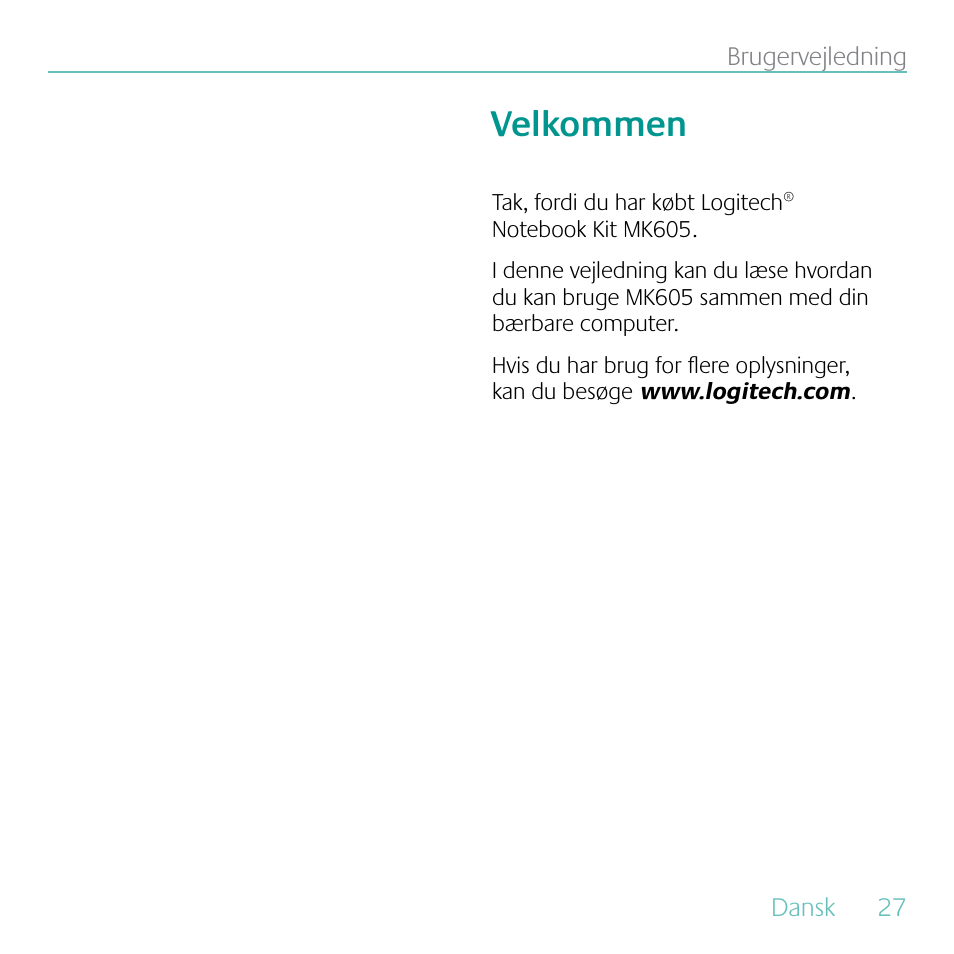 Velkommen | Logitech MK605 User Manual | Page 27 / 64