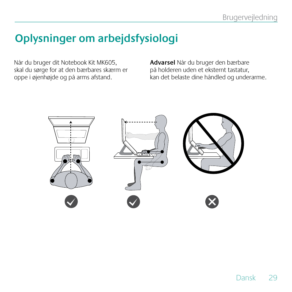 Oplysninger om arbejdsfysiologi | Logitech MK605 User Manual | Page 29 / 64