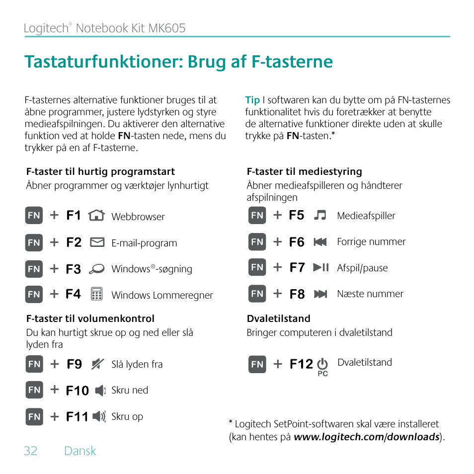 Tastaturfunktioner: brug af f-tasterne | Logitech MK605 User Manual | Page 32 / 64