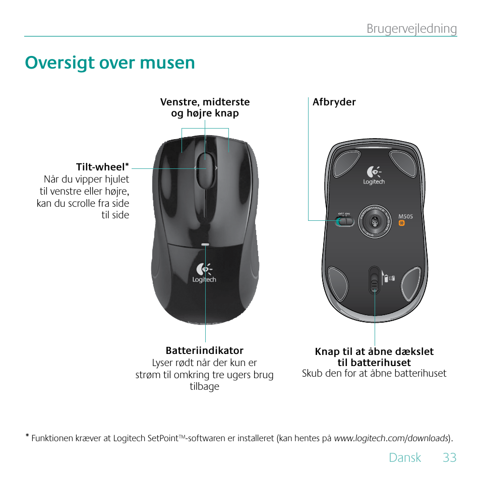 Oversigt over musen, Dansk, 33 brugervejledning | Logitech MK605 User Manual | Page 33 / 64