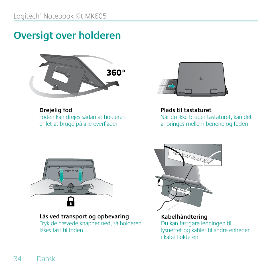 Oversigt over holderen | Logitech MK605 User Manual | Page 34 / 64
