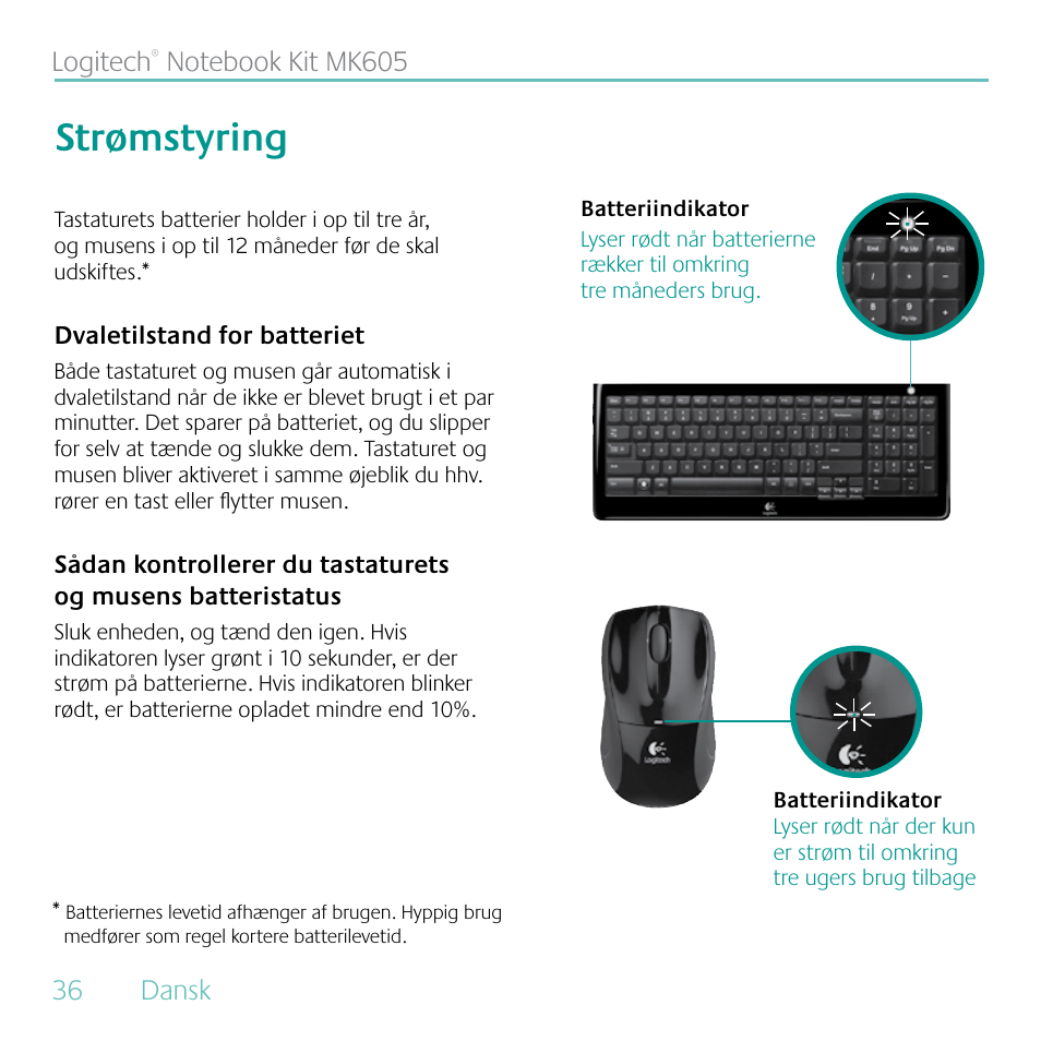Strømstyring | Logitech MK605 User Manual | Page 36 / 64