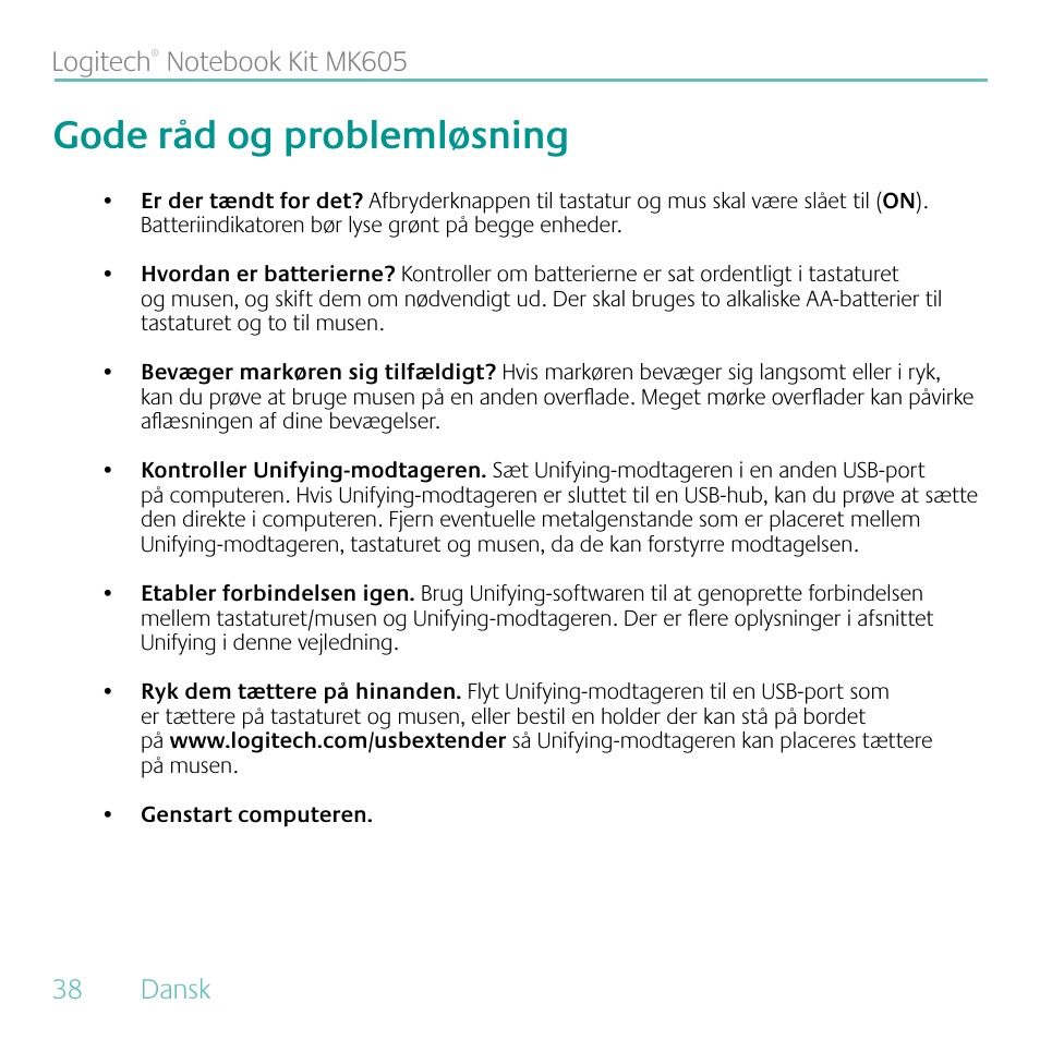 Gode råd og problemløsning, 38 dansk logitech | Logitech MK605 User Manual | Page 38 / 64