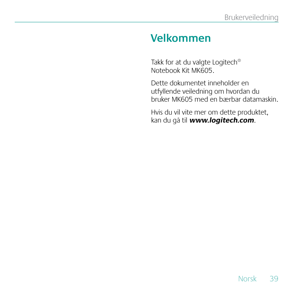 Velkommen | Logitech MK605 User Manual | Page 39 / 64