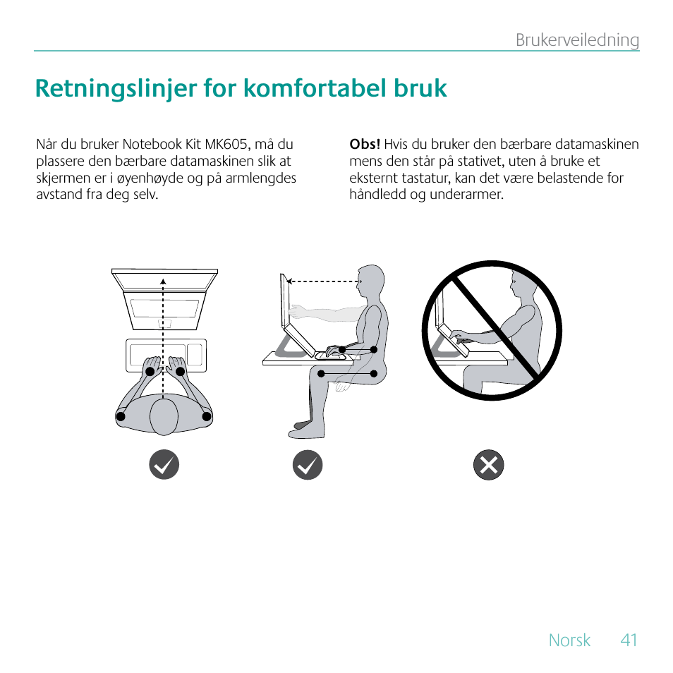 Retningslinjer for komfortabel bruk | Logitech MK605 User Manual | Page 41 / 64