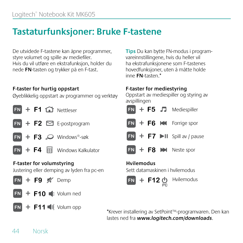 Tastaturfunksjoner: bruke f-tastene | Logitech MK605 User Manual | Page 44 / 64