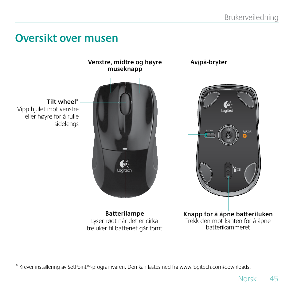 Oversikt over musen, Norsk, 45 brukerveiledning | Logitech MK605 User Manual | Page 45 / 64