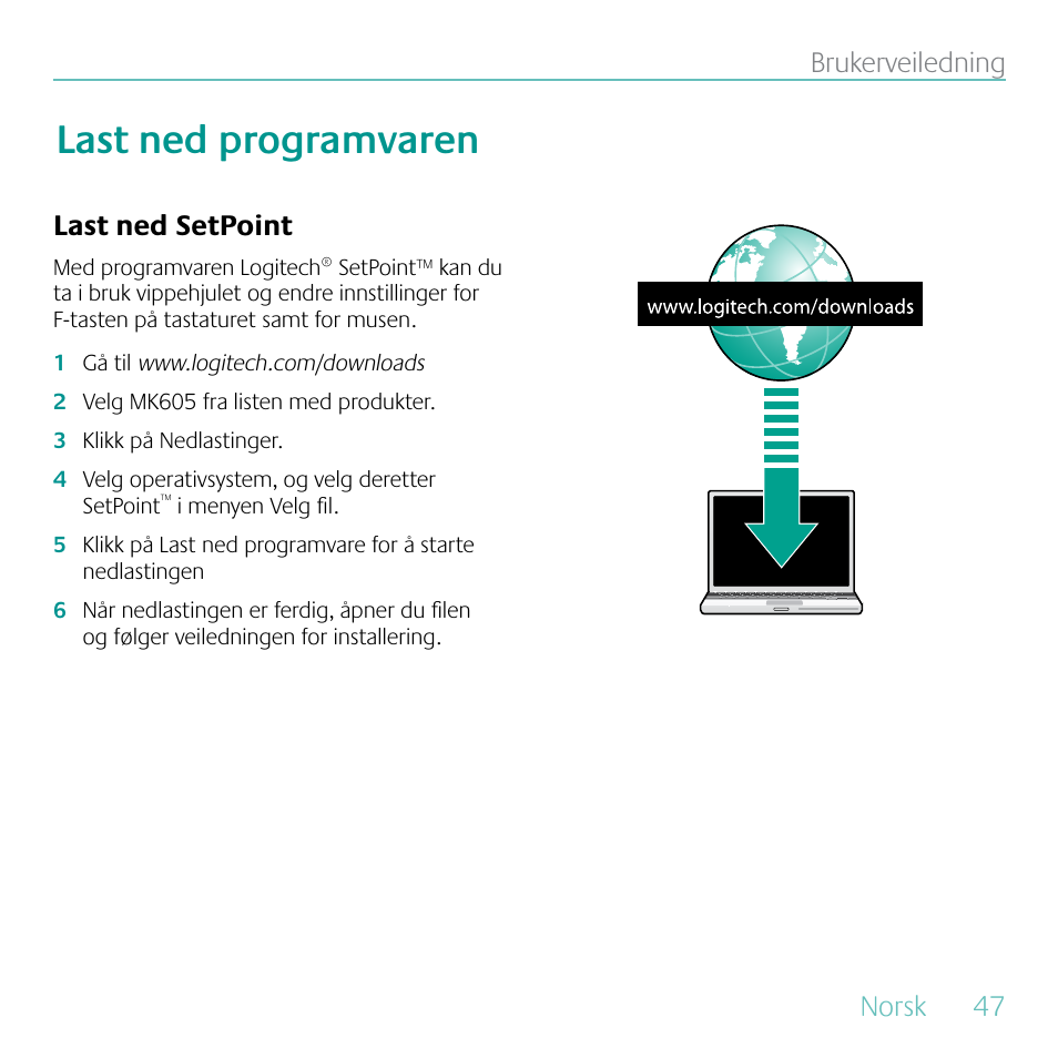 Last ned programvaren, Norsk, 47 brukerveiledning | Last ned setpoint | Logitech MK605 User Manual | Page 47 / 64