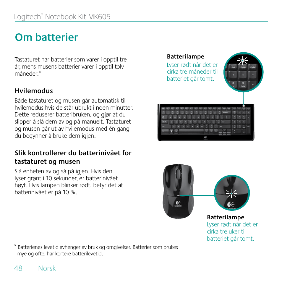 Om batterier | Logitech MK605 User Manual | Page 48 / 64