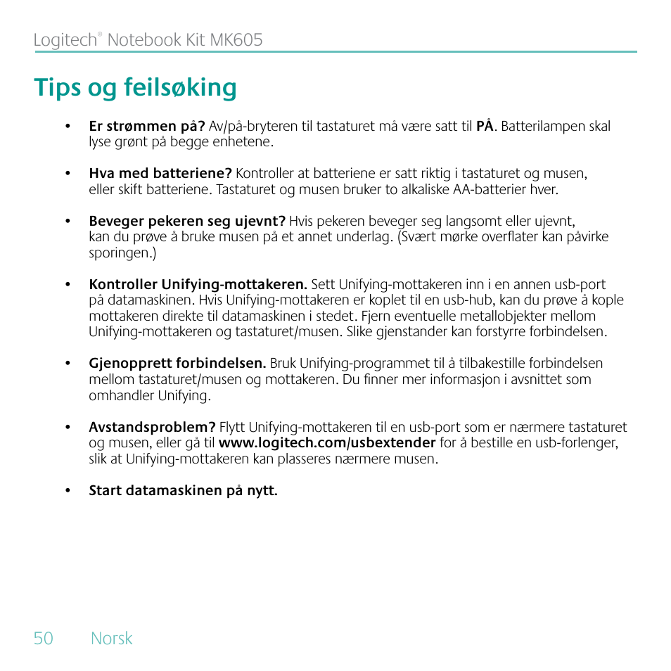 Tips og feilsøking, 50 norsk logitech | Logitech MK605 User Manual | Page 50 / 64