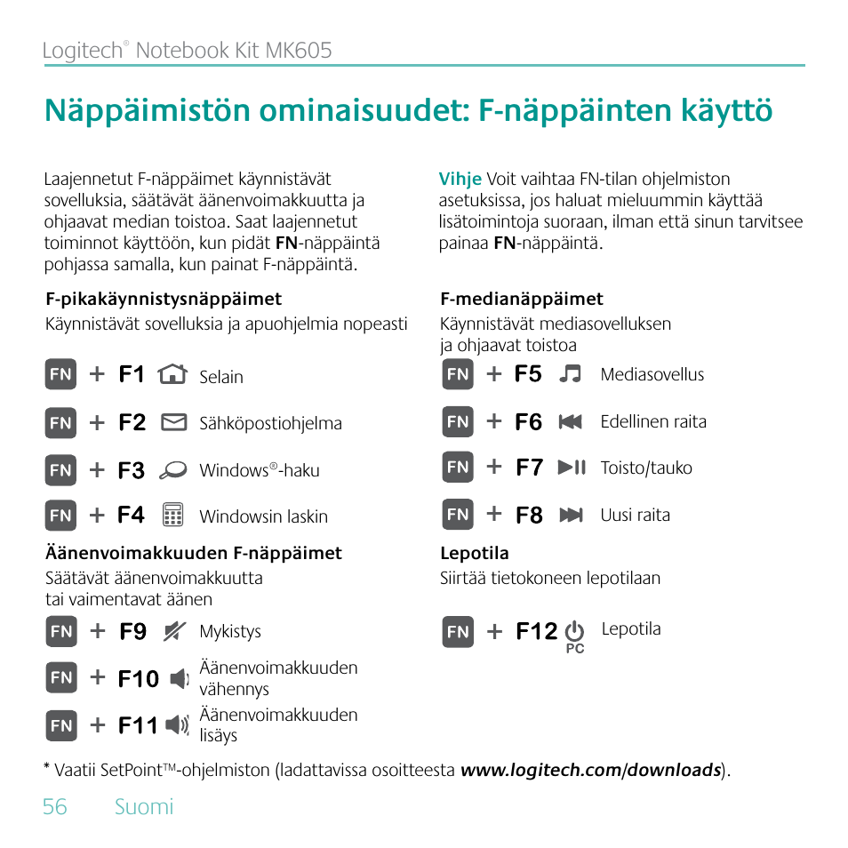 Näppäimistön ominaisuudet: f-näppäinten käyttö | Logitech MK605 User Manual | Page 56 / 64