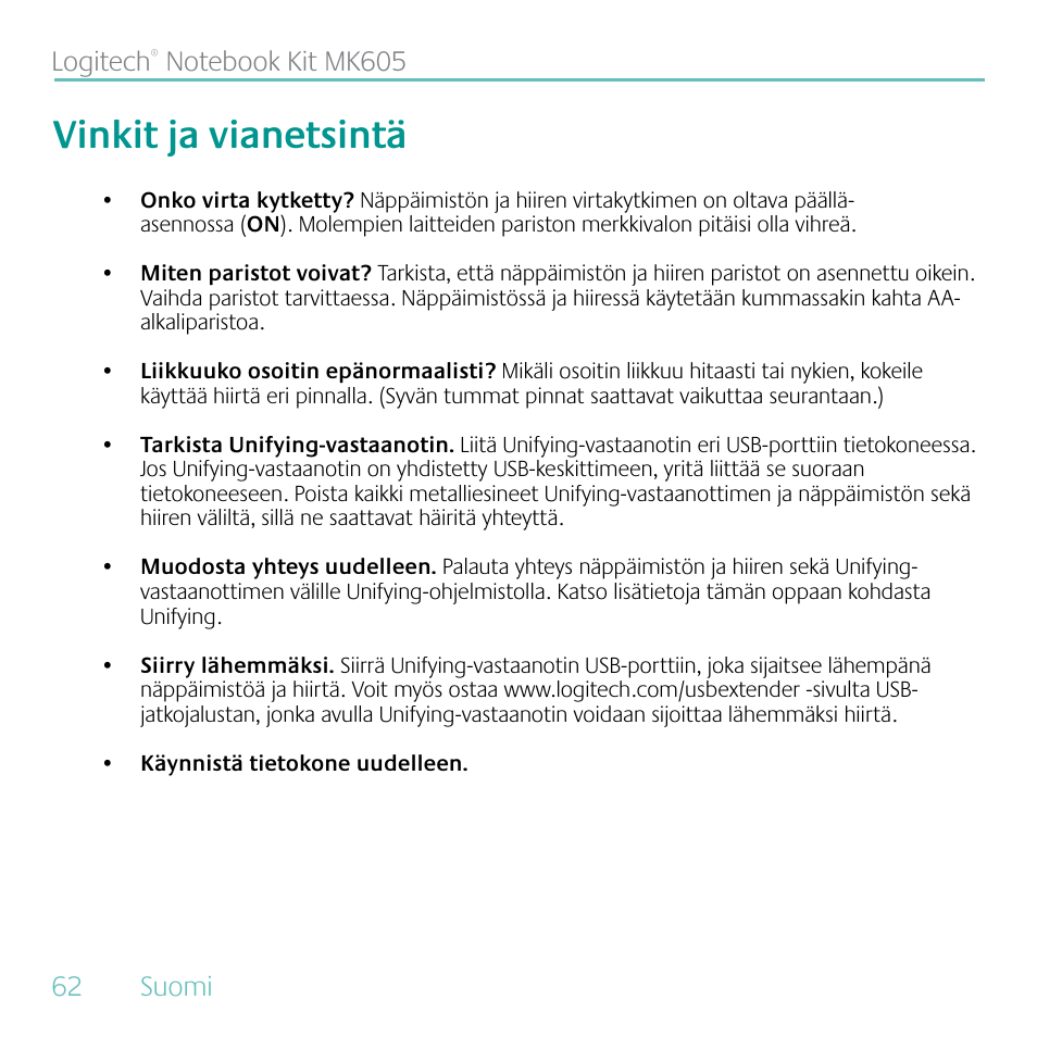 Vinkit ja vianetsintä, 62 suomi logitech | Logitech MK605 User Manual | Page 62 / 64