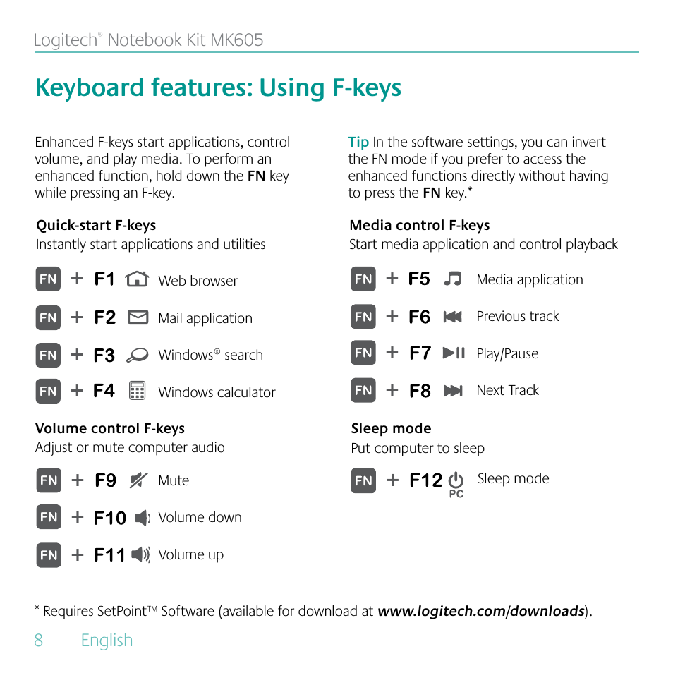 Keyboard features: using f-keys | Logitech MK605 User Manual | Page 8 / 64
