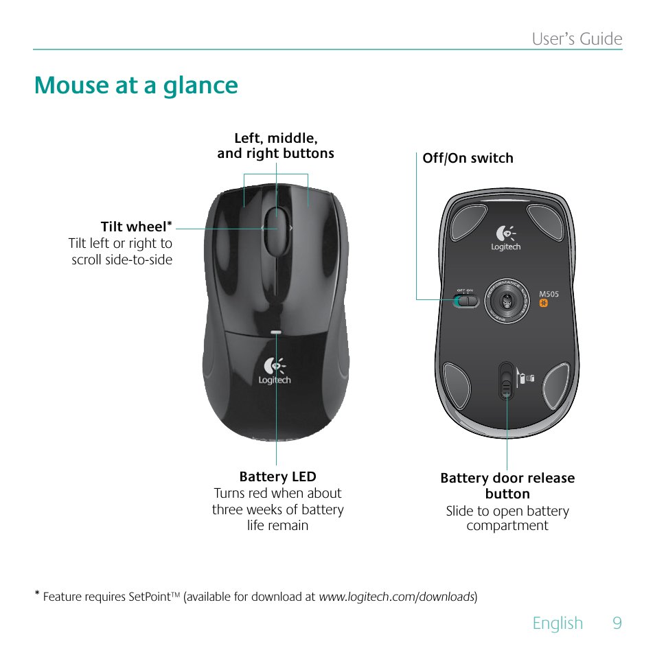 Mouse at a glance, English, 9user’s guide | Logitech MK605 User Manual | Page 9 / 64