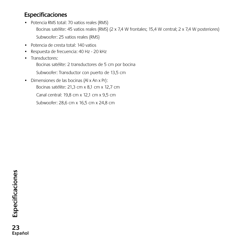 Es p ec ifi ca ci on es | Logitech Speaker System X-540 User Manual | Page 24 / 28