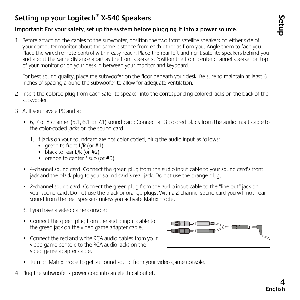 Se tu p, Setting up your logitech® x-540 speakers | Logitech Speaker System X-540 User Manual | Page 5 / 28