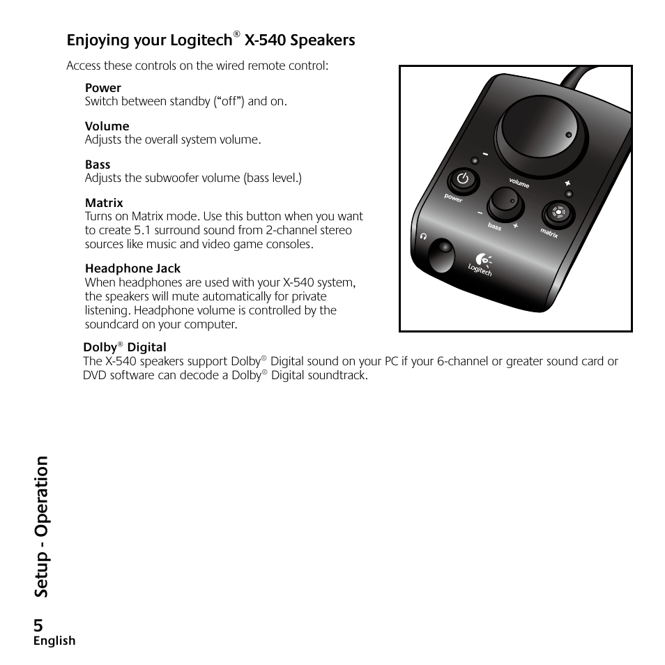 Se tu p - o p er at io n | Logitech Speaker System X-540 User Manual | Page 6 / 28