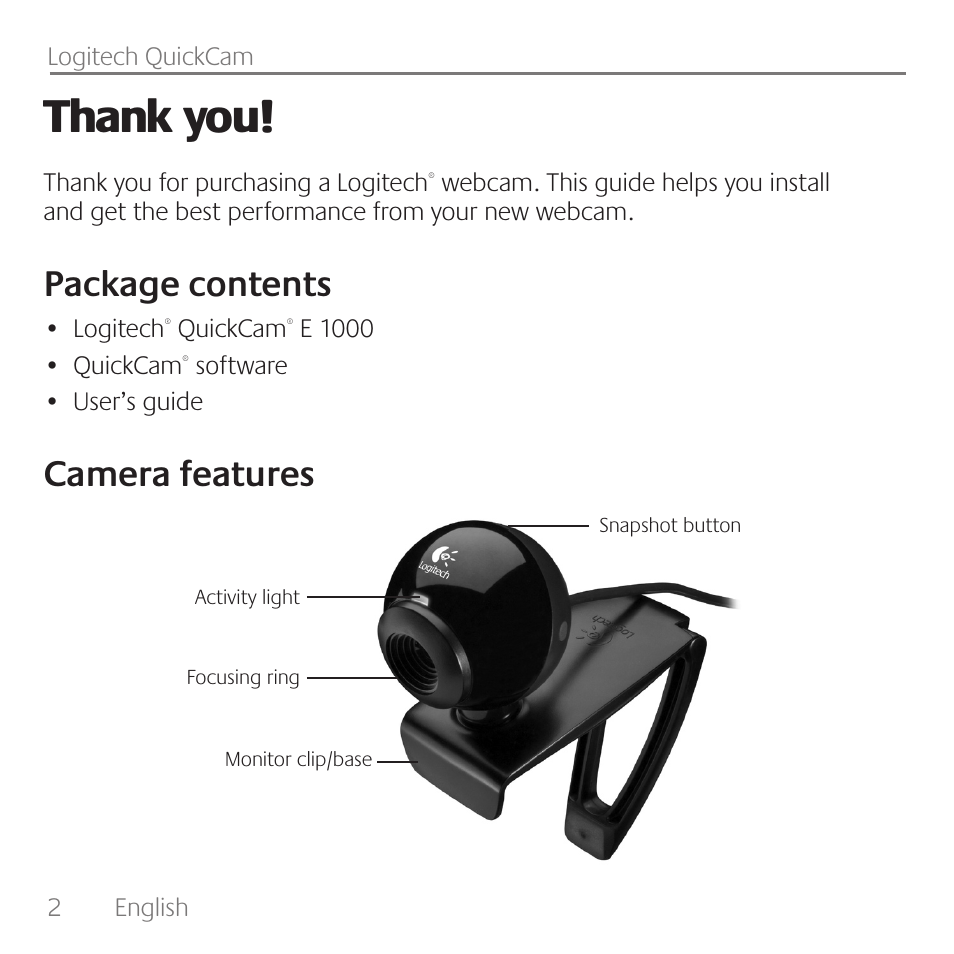 Package contents, Camera features | Logitech QuickCam E1000 User Manual | Page 2 / 12