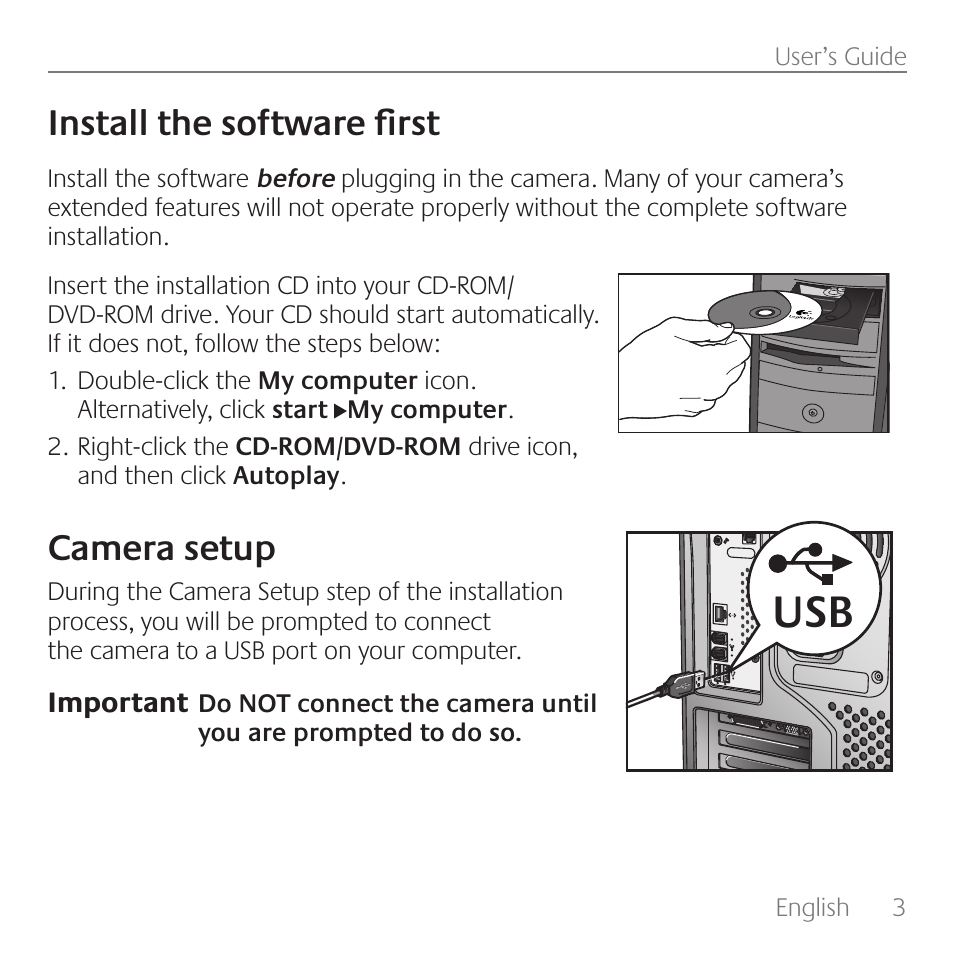 Install the software first, Camera setup | Logitech QuickCam E1000 User Manual | Page 3 / 12