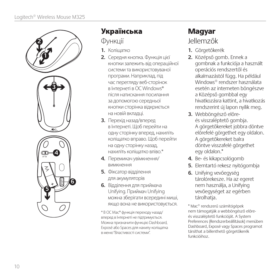 Українська функції, Magyar jellemzők | Logitech M325 User Manual | Page 10 / 36