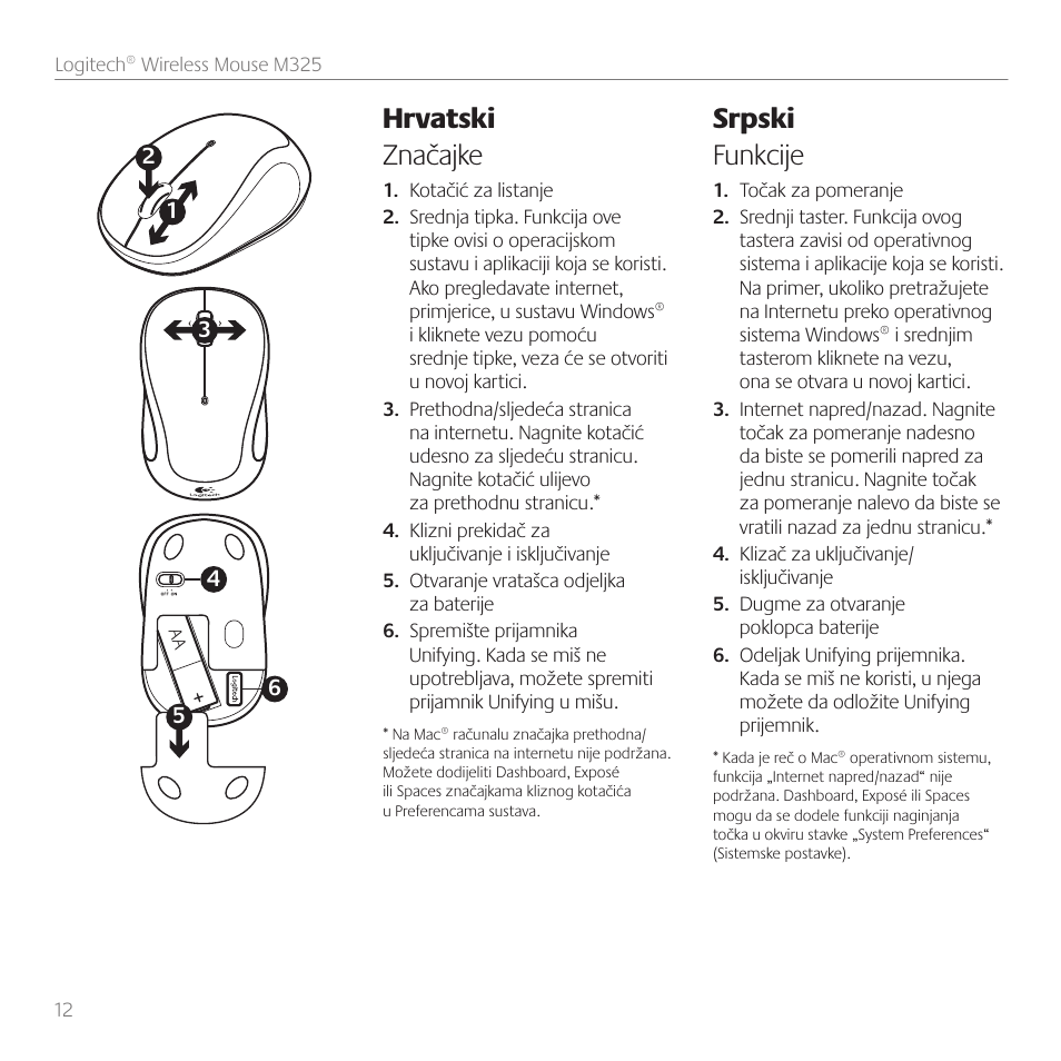 Hrvatski značajke, Srpski funkcije | Logitech M325 User Manual | Page 12 / 36