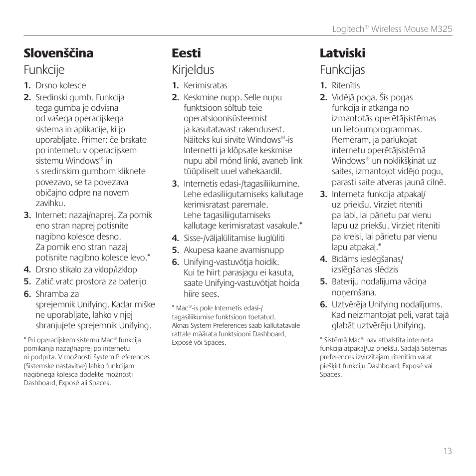 Slovenščina funkcije, Eesti kirjeldus, Latviski funkcijas | Logitech M325 User Manual | Page 13 / 36