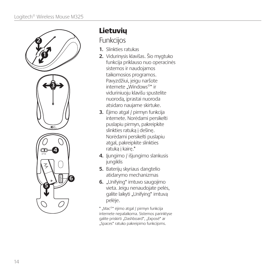 Lietuvių funkcijos | Logitech M325 User Manual | Page 14 / 36