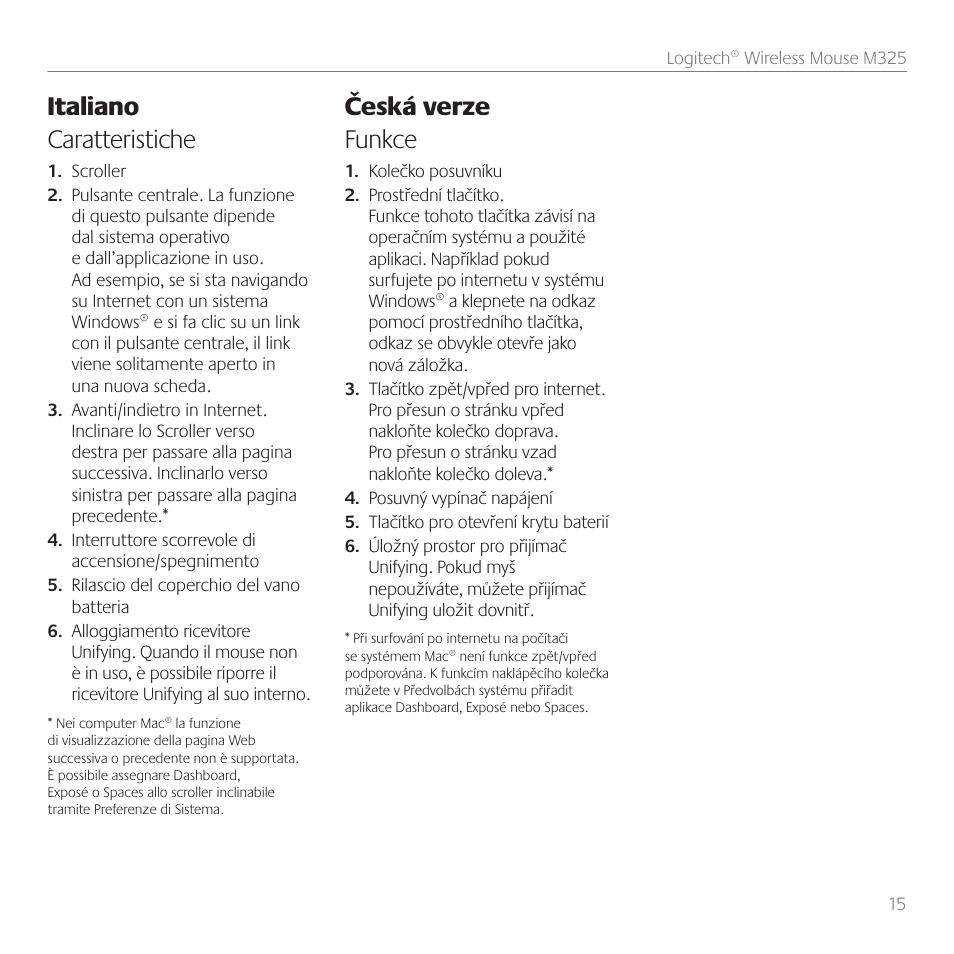 Italiano caratteristiche, Česká verze funkce | Logitech M325 User Manual | Page 15 / 36