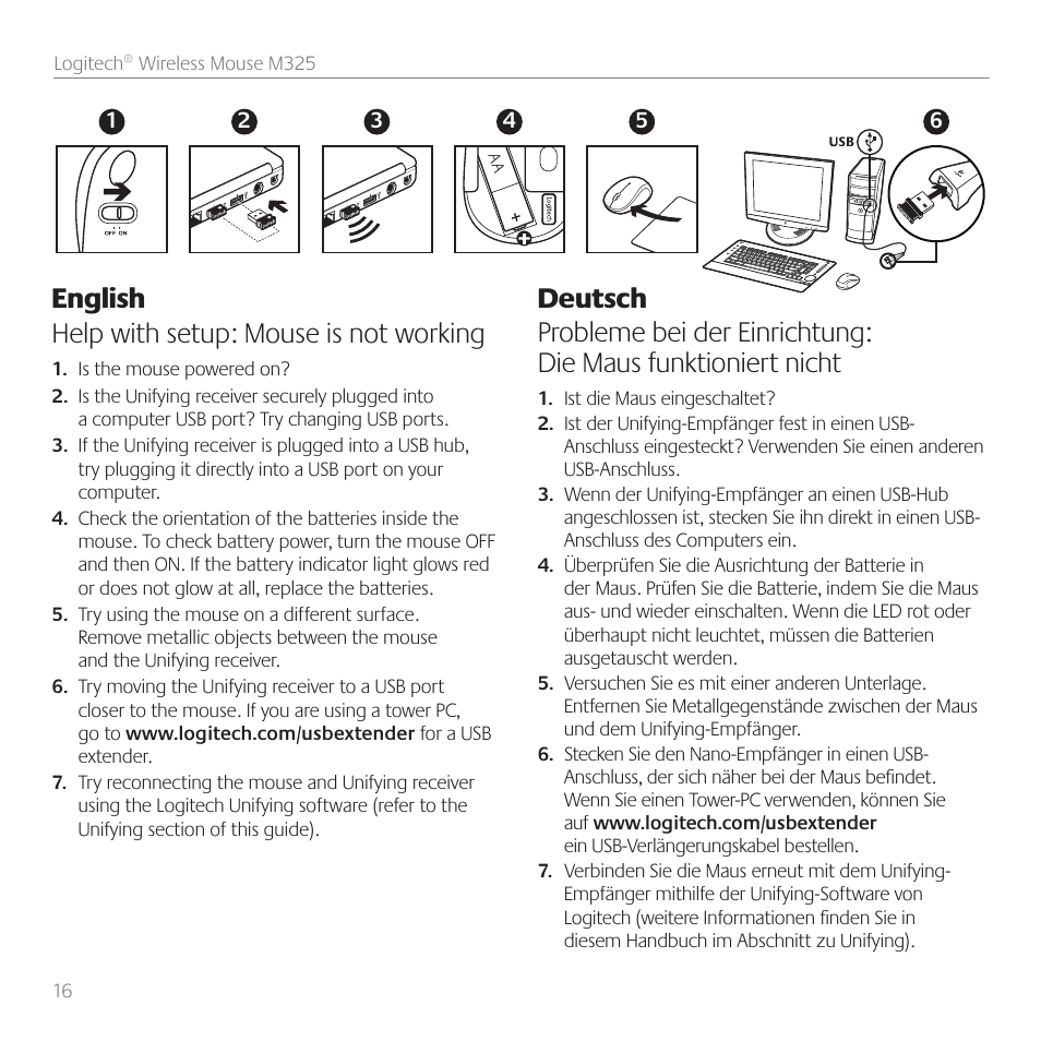 English help with setup: mouse is not working | Logitech M325 User Manual | Page 16 / 36