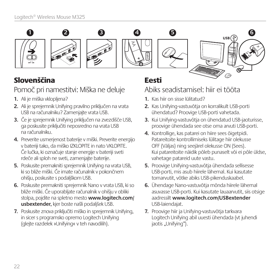 Slovenščina pomoč pri namestitvi: miška ne deluje, Eesti abiks seadistamisel: hiir ei tööta | Logitech M325 User Manual | Page 22 / 36