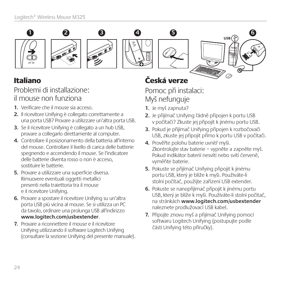 Česká verze pomoc při instalaci: myš nefunguje | Logitech M325 User Manual | Page 24 / 36