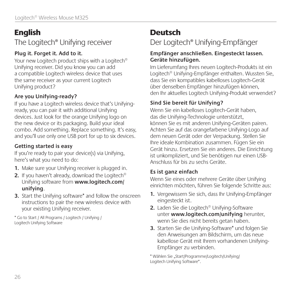 English the logitech® unifying receiver, Deutsch der logitech® unifying-empfänger | Logitech M325 User Manual | Page 26 / 36