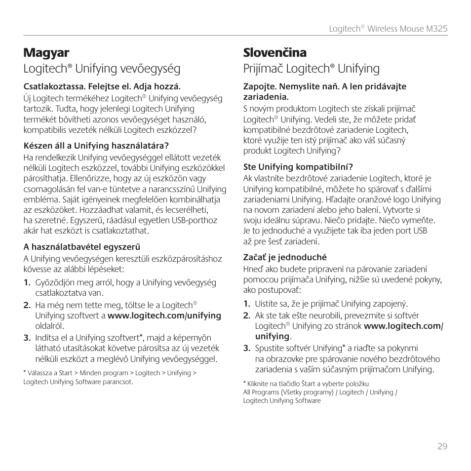 Magyar logitech® unifying vevőegység, Slovenčina prijímač logitech® unifying | Logitech M325 User Manual | Page 29 / 36