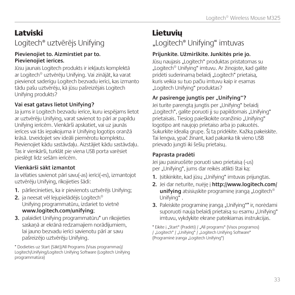 Latviski logitech® uztvērējs unifying, Lietuvių „logitech® unifying“ imtuvas | Logitech M325 User Manual | Page 33 / 36