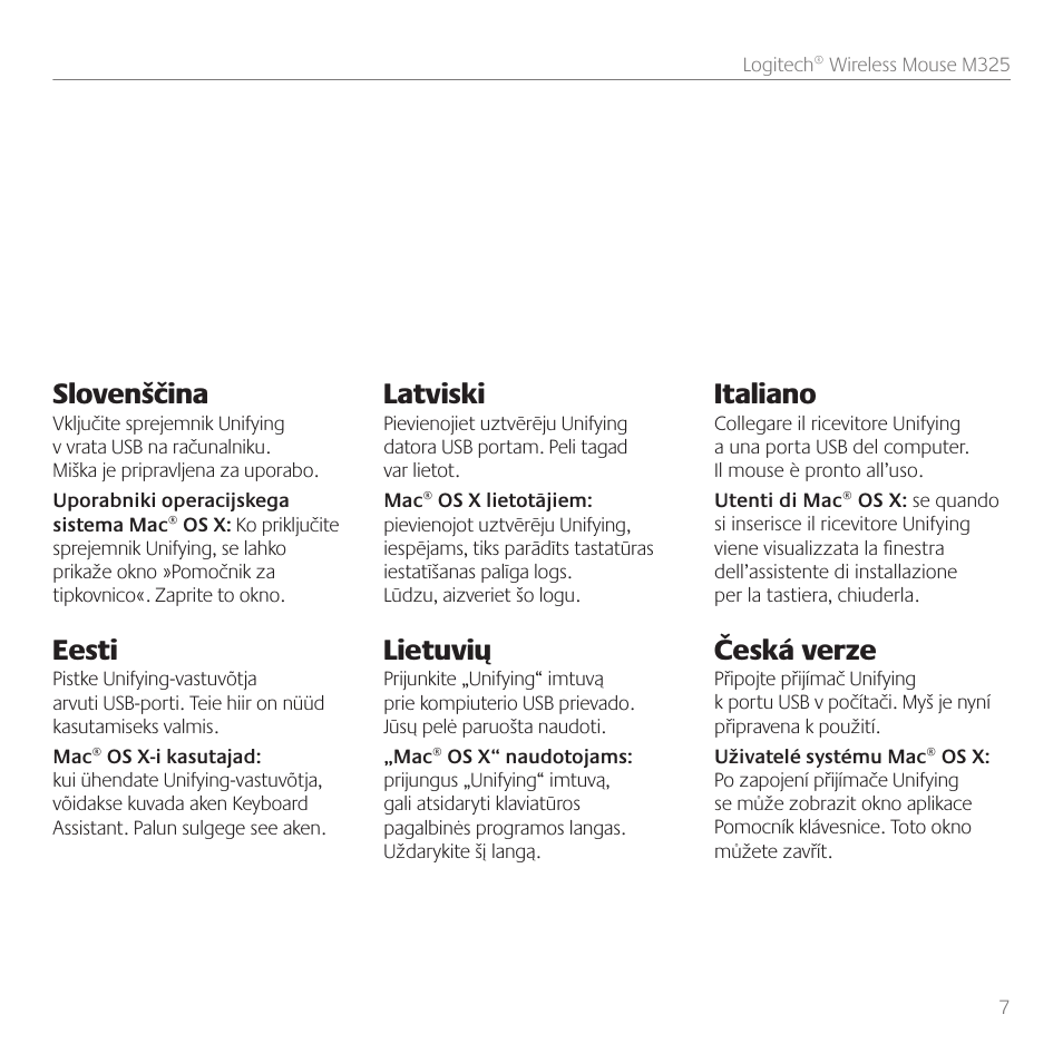 Slovenščina, Eesti, Latviski | Lietuvių, Italiano, Česká verze | Logitech M325 User Manual | Page 7 / 36