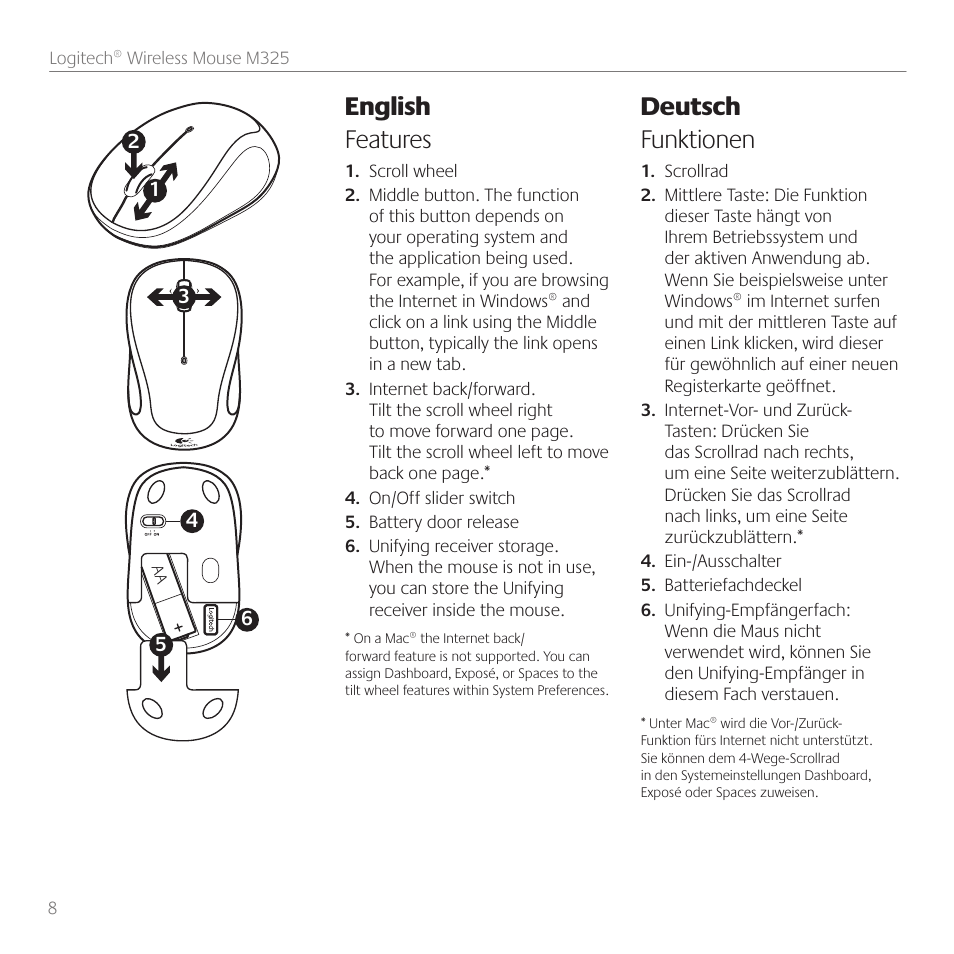 English features, Deutsch funktionen | Logitech M325 User Manual | Page 8 / 36