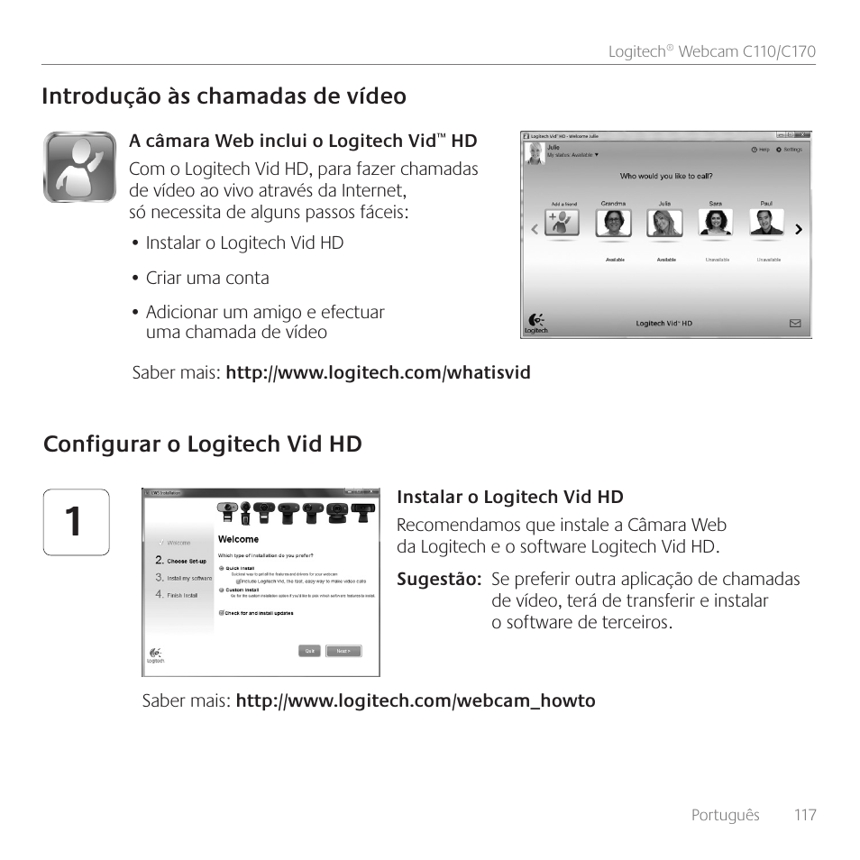 Introdução às chamadas de vídeo, Configurar o logitech vid hd | Logitech C110 User Manual | Page 117 / 160