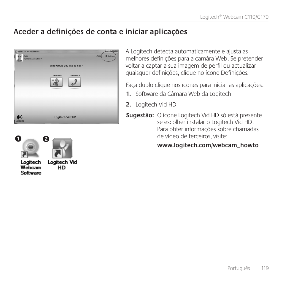 Aceder a definições de conta e iniciar aplicações | Logitech C110 User Manual | Page 119 / 160