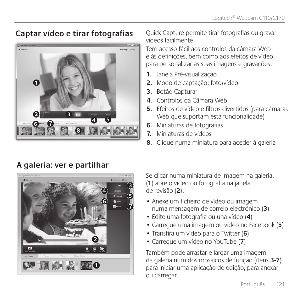 Captar vídeo e tirar fotografias, A galeria: ver e partilhar | Logitech C110 User Manual | Page 121 / 160