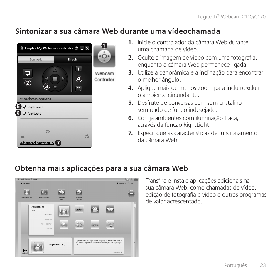 Obtenha mais aplicações para a sua câmara web | Logitech C110 User Manual | Page 123 / 160