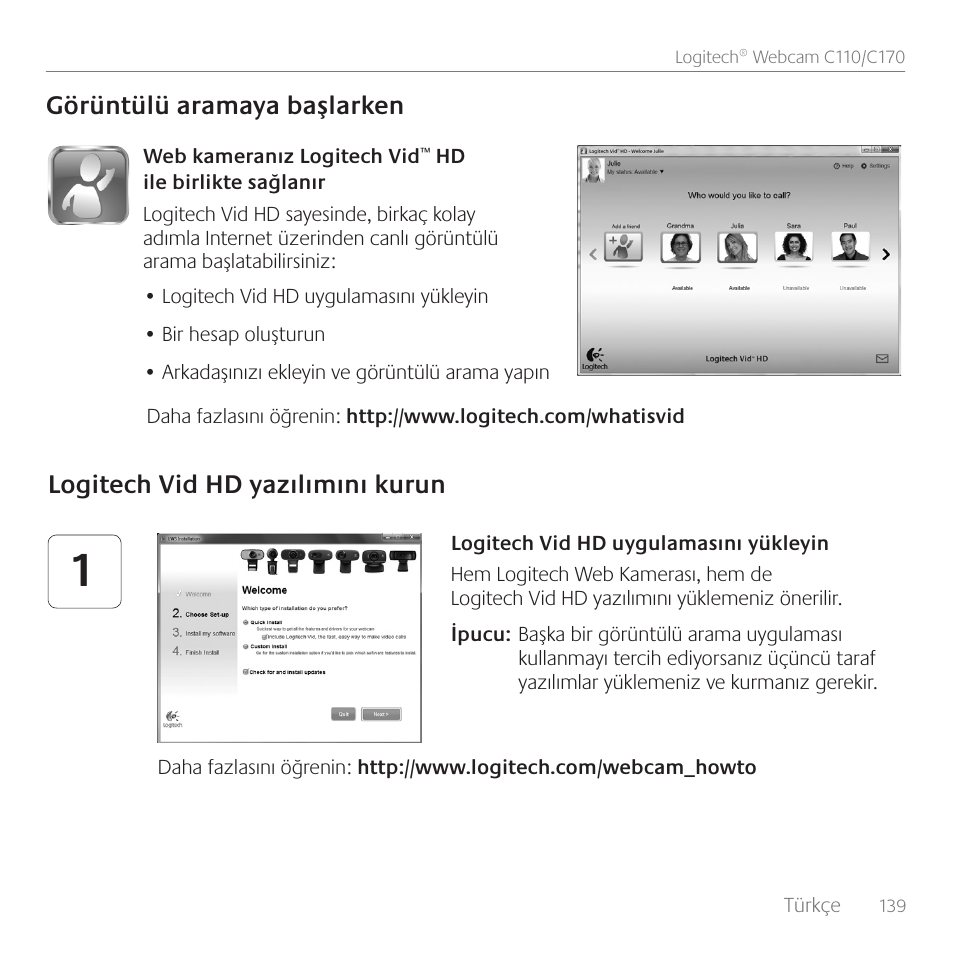 Görüntülü aramaya başlarken, Logitech vid hd yazılımını kurun | Logitech C110 User Manual | Page 139 / 160