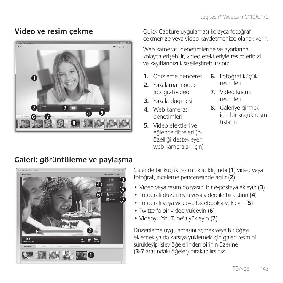 Video ve resim çekme, Galeri: görüntüleme ve paylaşma | Logitech C110 User Manual | Page 143 / 160