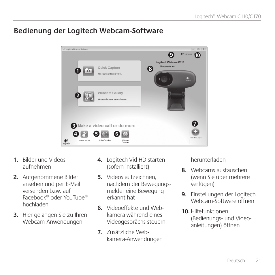 Bedienung der logitech webcam-software | Logitech C110 User Manual | Page 21 / 160
