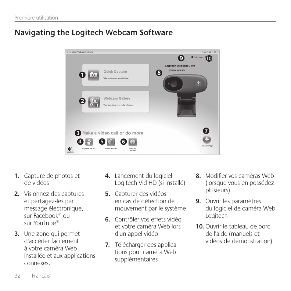 Navigating the logitech webcam software | Logitech C110 User Manual | Page 32 / 160