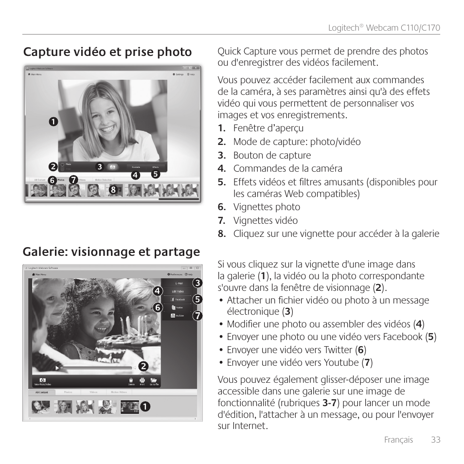 Capture vidéo et prise photo, Galerie: visionnage et partage | Logitech C110 User Manual | Page 33 / 160