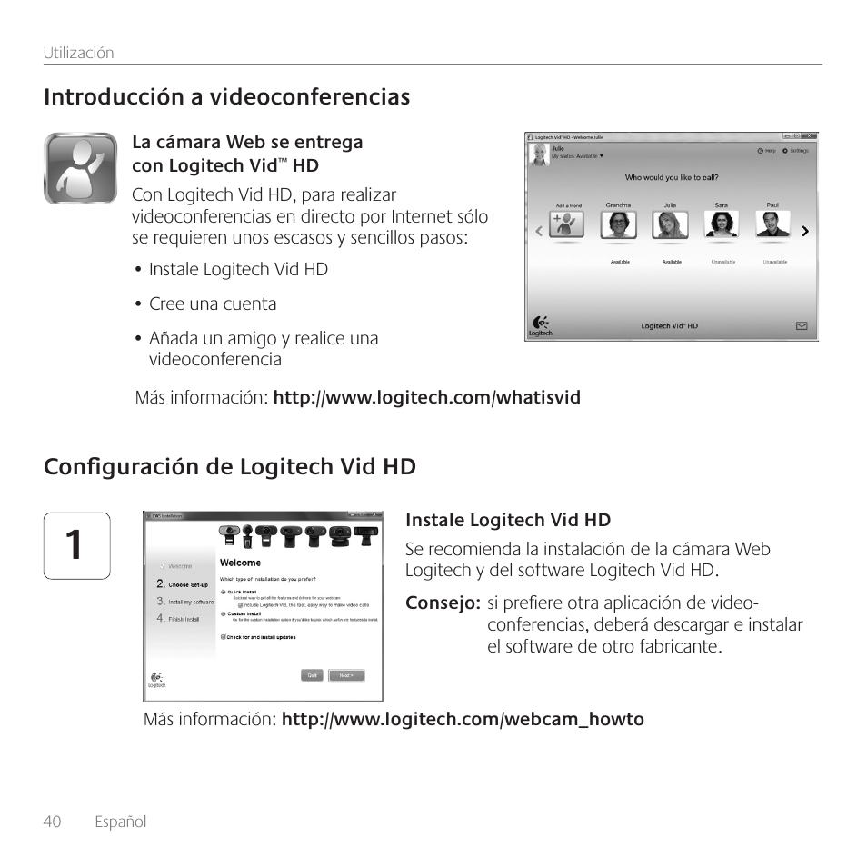 Introducción a videoconferencias, Configuración de logitech vid hd | Logitech C110 User Manual | Page 40 / 160